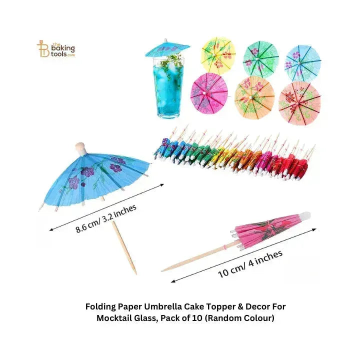 Folding Paper Umbrella Cake Topper & Decor For Mocktail Glass, Pack of 10 (Random Colour) - thebakingtools.com